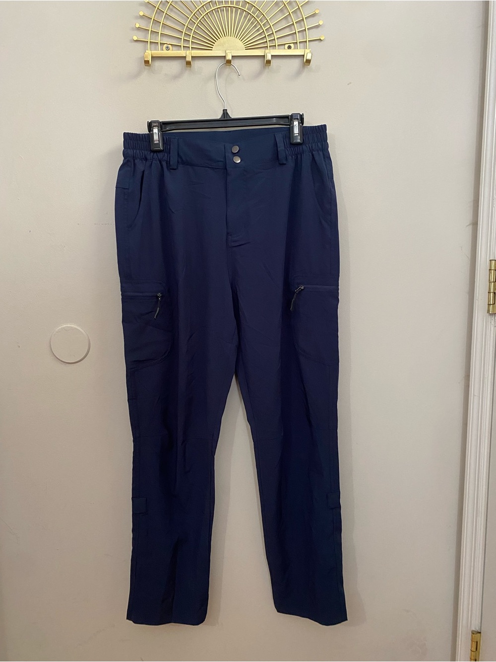 Men's Navy Cargo Pants with Zip Thigh Pockets and Elastic Waist